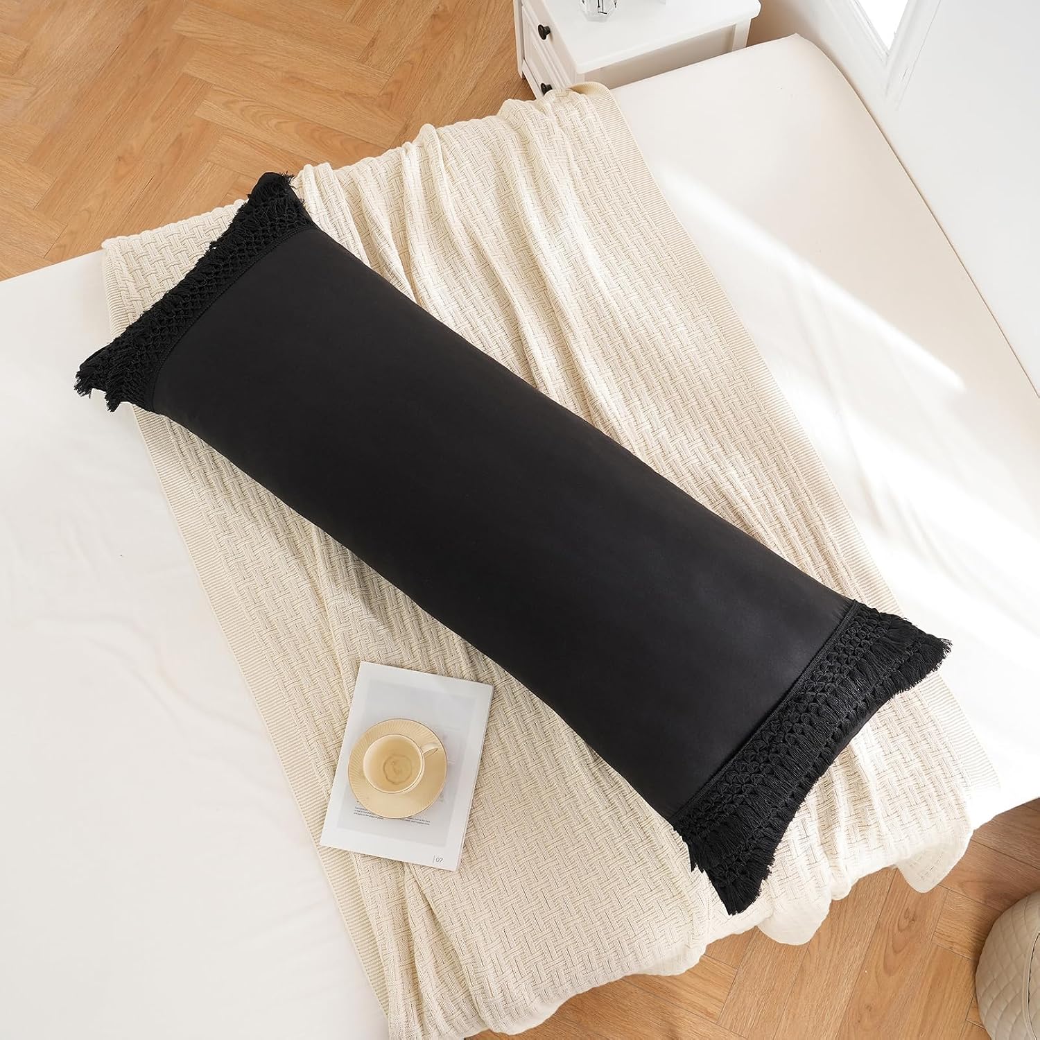Moveover MOVE OVER Black Body Pillow Cover 20x54 Macrame Tassel Decor Design Boho Body Pillow Case Cover with Pocket Closure Black