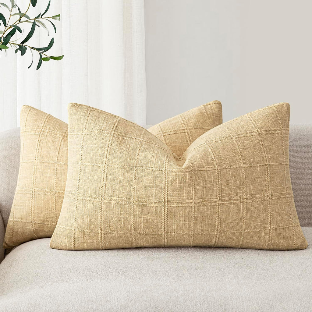 Foindtower Set of 2 Decorative Linen Check Throw Pillow Covers Neutral Farmhouse Lumbar Cushion Covers Modern Boho Accent Home Decor for…