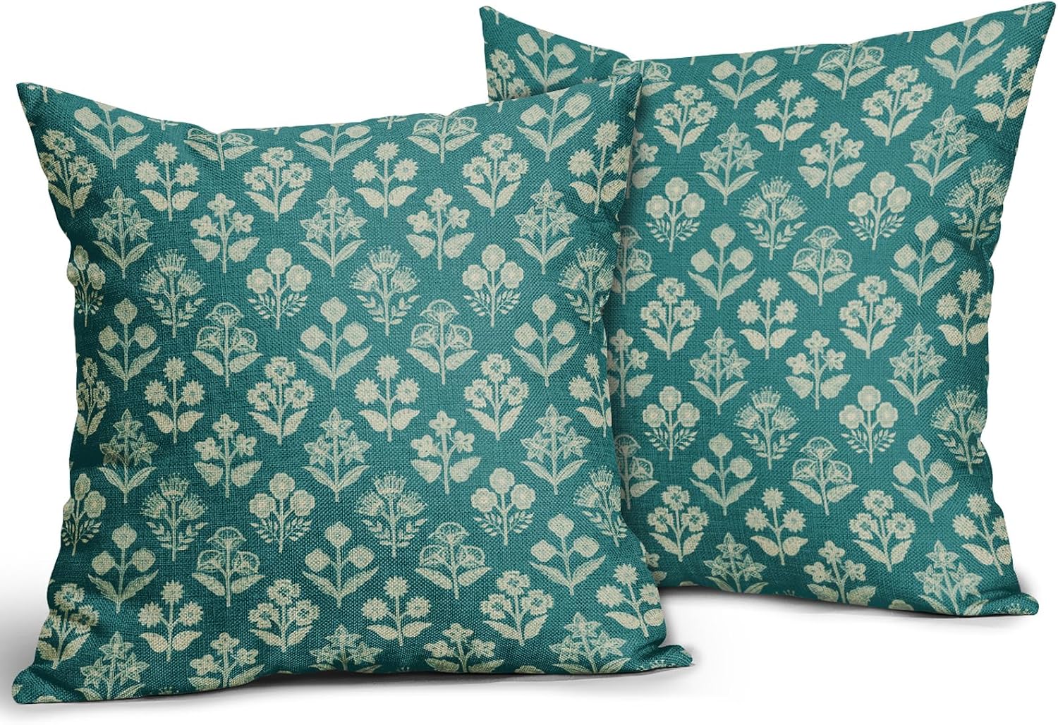 Teal Floral Block Print Pillow Covers 18x18 Inch Set of 2, Vintage Flower Pattern Decorative Throw Pillowcases Outdoor Farmhouse Cushion…