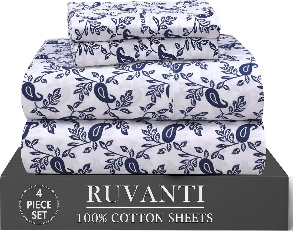 Ruvanti 100% Cotton Percale Sheets Twin Size 4 Piece Set, Cooling Bed Sheets for Hot Sleepers, Deep Pocket 16”, Breathable Lightweight & Du…