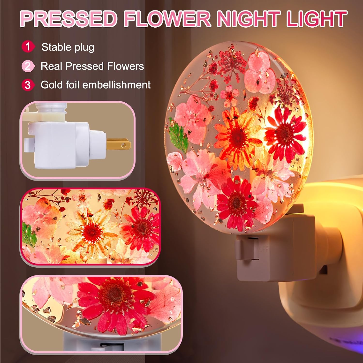 Glooglitter Pressed Flower Night Light Plug in - Handmade Dried Floral Wall Night Light, Soft Glow Decorative Nightlight for Hallway Bedroo…