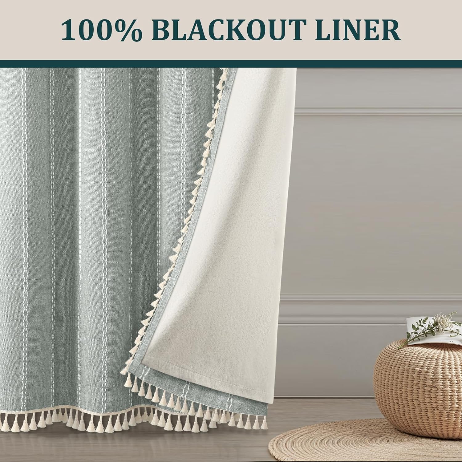 XOGUIBO Teal Boho Blackout Curtains 2 Panels 84 Inch for Living Room Bedroom, Light Green Linen Texture Farmhouse Curtains with Tass…
