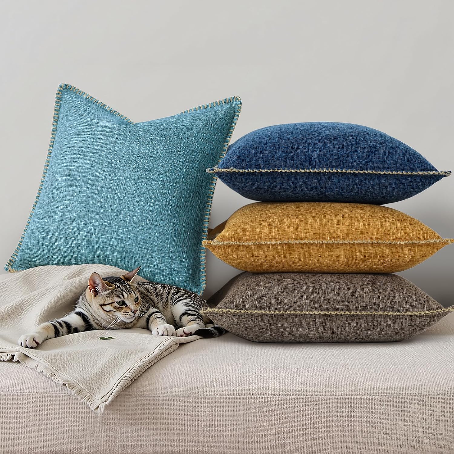 decorUhome Summer Decorative Throw Pillow Covers 22x22 Set of 2 Square Faux Linen Farmhouse Euro Sham Pillow Covers with Stitched Edge…