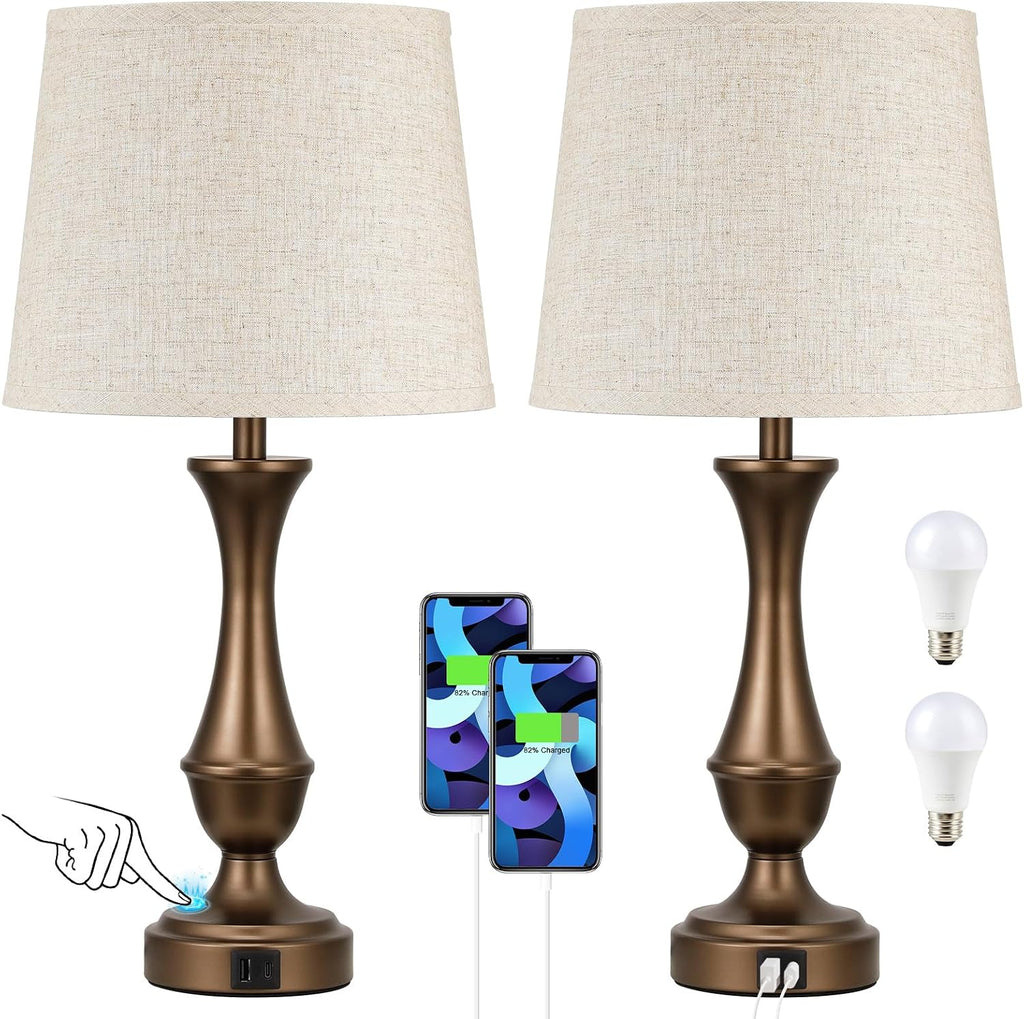 Seealle Upgraded Touch Lamps for Night Stands Set of 2 - Bedside Lamps with USB C+A, 3 Way Dimmable for Bedroom Living Room End Tables…