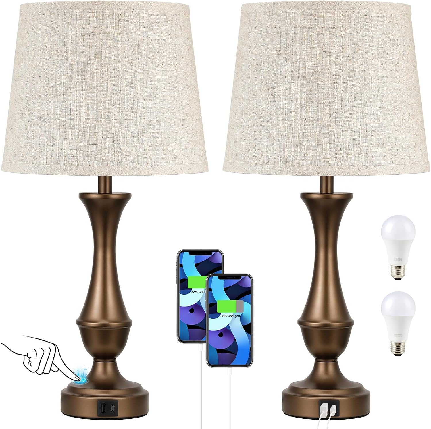 Seealle Upgraded Touch Lamps for Night Stands Set of 2 - Bedside Lamps with USB C+A, 3 Way Dimmable for Bedroom Living Room End Tables…