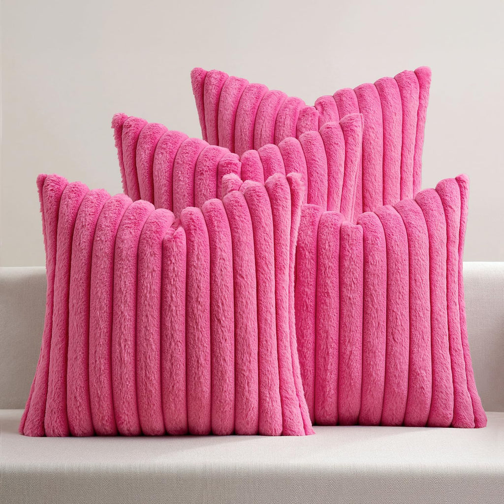 Miulee Faux Fur Plush Decorative Throw Pillow Covers 18x18 Set of 4, Spring Modern Soft Fuzzy Striped Cushion Covers for Sofa Couch Bed Liv…