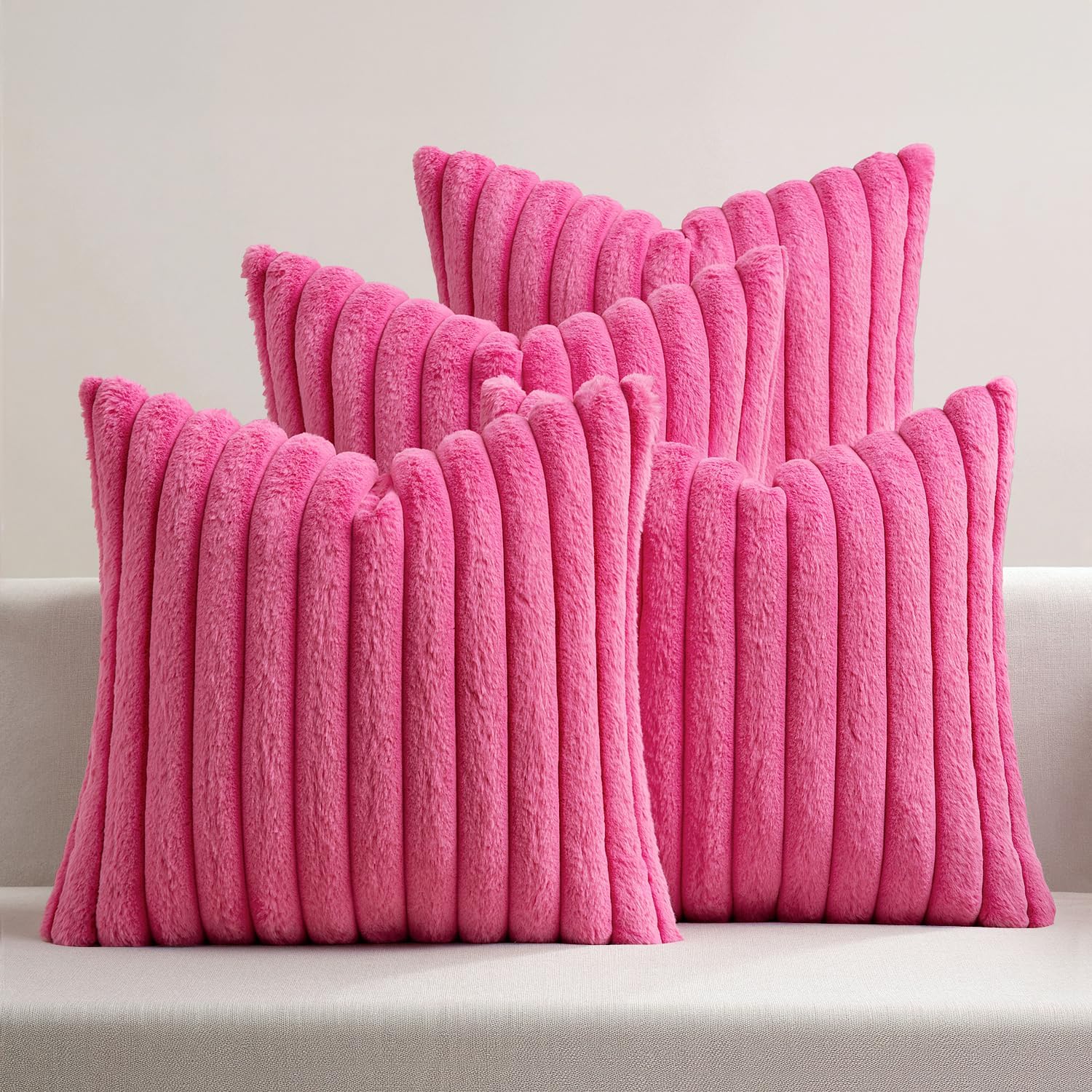 Miulee Faux Fur Plush Decorative Throw Pillow Covers 18x18 Set of 4, Spring Modern Soft Fuzzy Striped Cushion Covers for Sofa Couch Bed Liv…