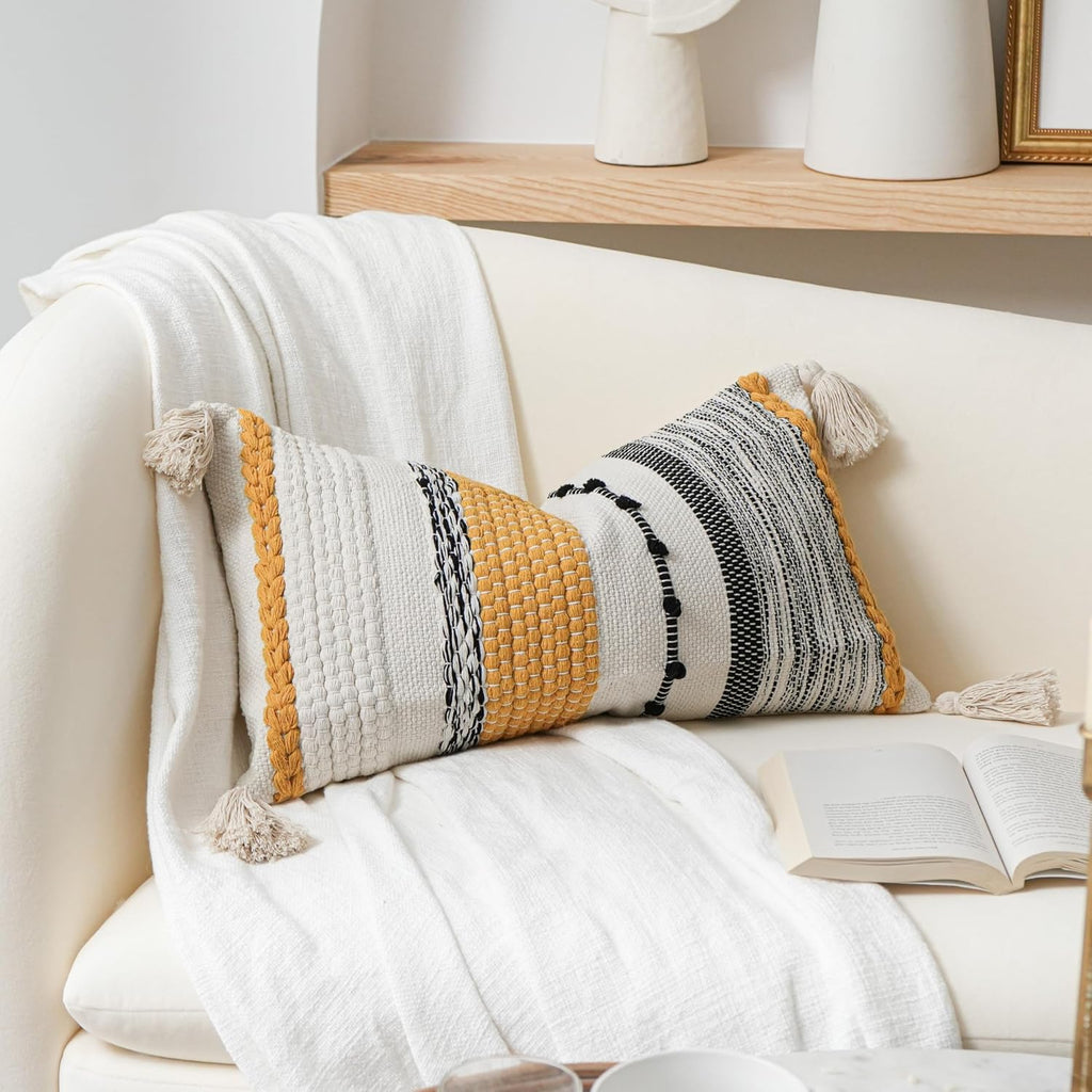 BlissBlush Decorative Lumbar Throw Pillow Cover 14x24 Boho Yellow Mustard Accent Cushion for Couch Sofa Farmhouse Pillowcase for Bedroom…