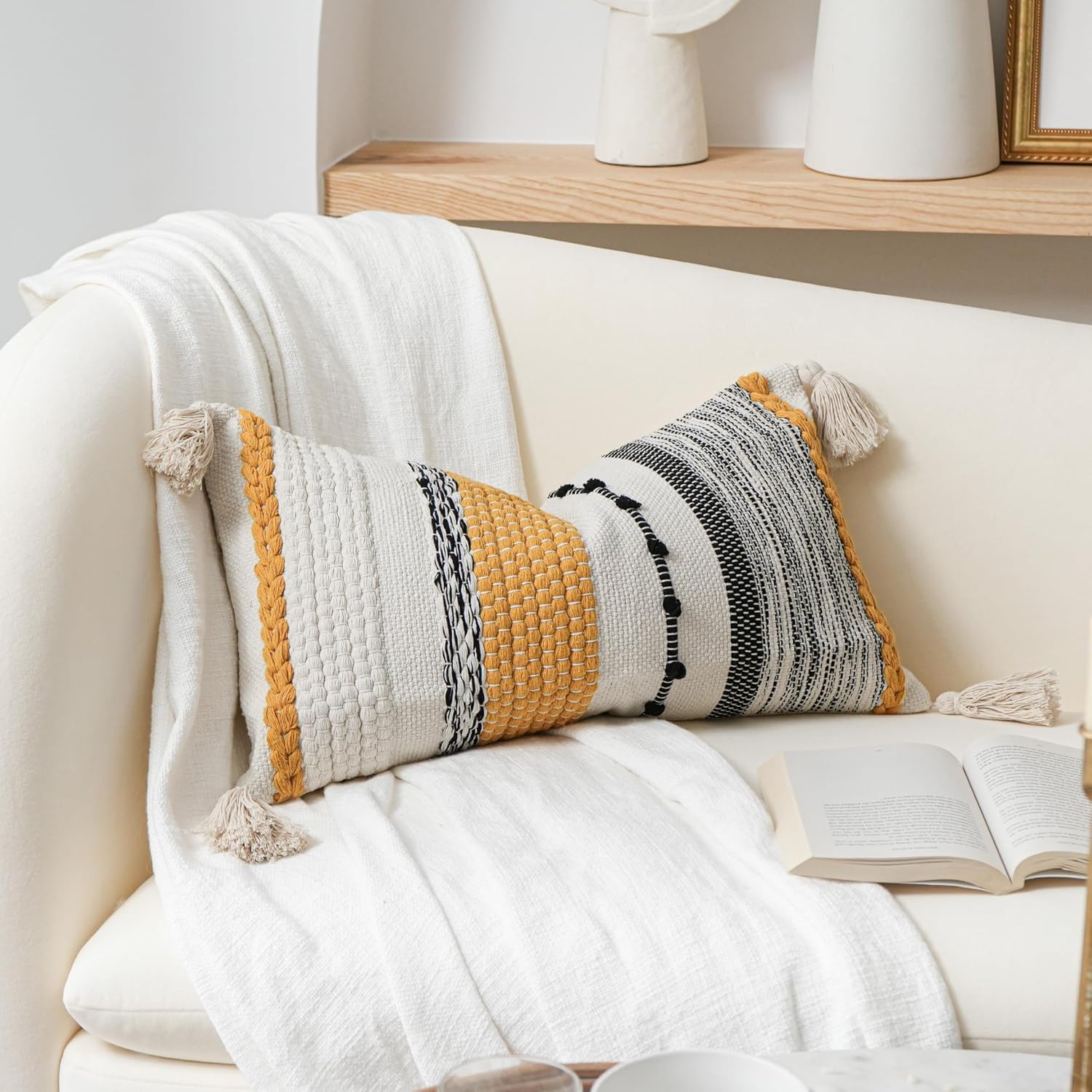 BlissBlush Decorative Lumbar Throw Pillow Cover 14x24 Boho Yellow Mustard Accent Cushion for Couch Sofa Farmhouse Pillowcase for Bedroom…