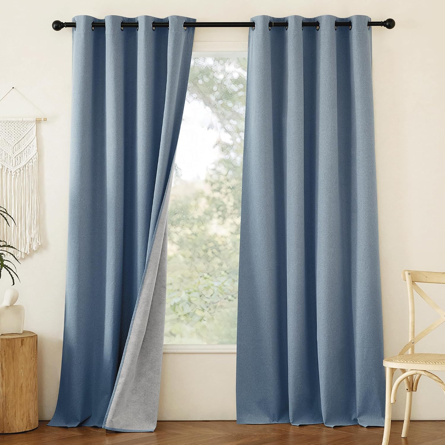 NICETOWN Stone Blue Full Shade Faux Linen Curtain Panels 90" Long, Pair of Energy Smart & Noise Blocking Out Blackout Drapes for Guest…