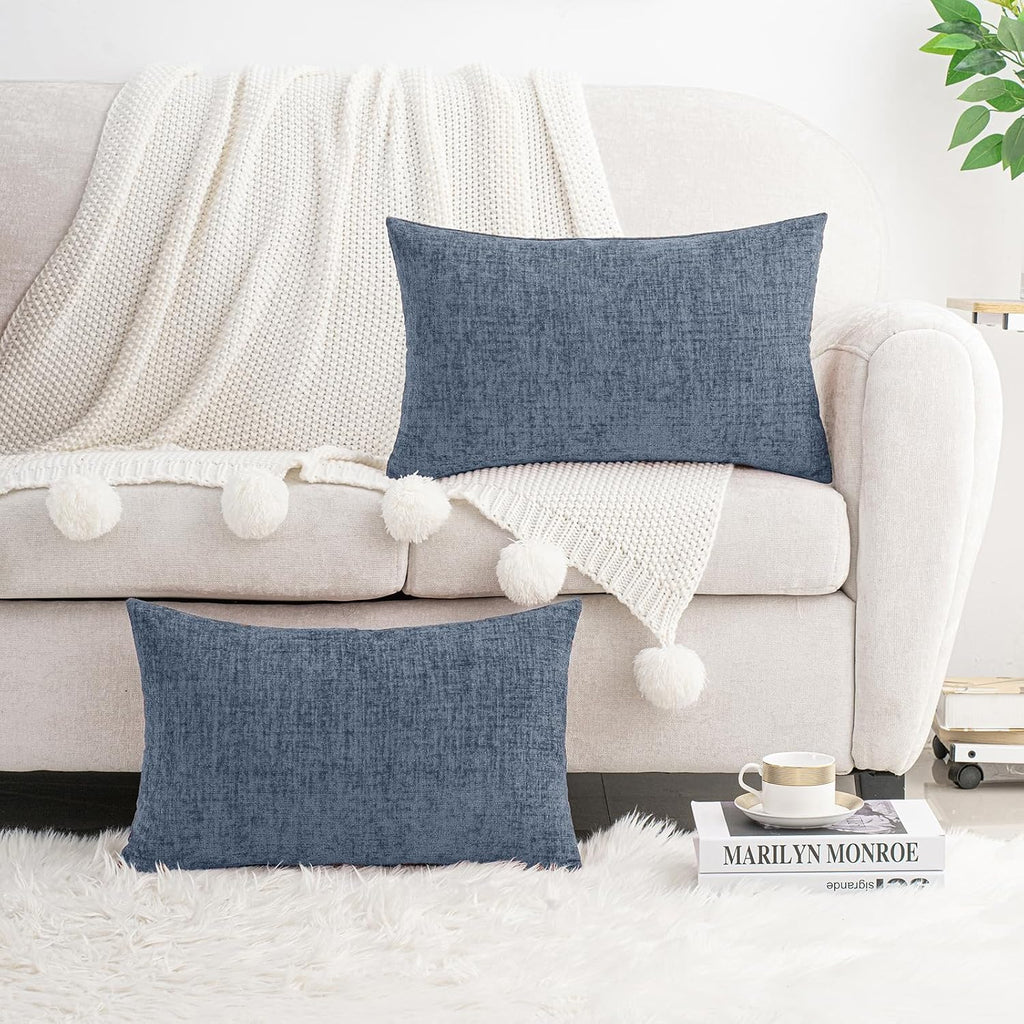 Hwy50 HWY 50 Dark Grey Blue Lumbar Pillow Covers 12x20 Inch Pack of 2, Soft Chenille Decorative Throw Pillow Covers Farmhouse for Couch Sof…