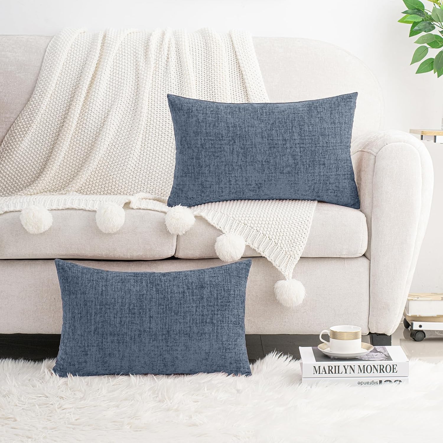 Hwy50 HWY 50 Dark Grey Blue Lumbar Pillow Covers 12x20 Inch Pack of 2, Soft Chenille Decorative Throw Pillow Covers Farmhouse for Couch Sof…