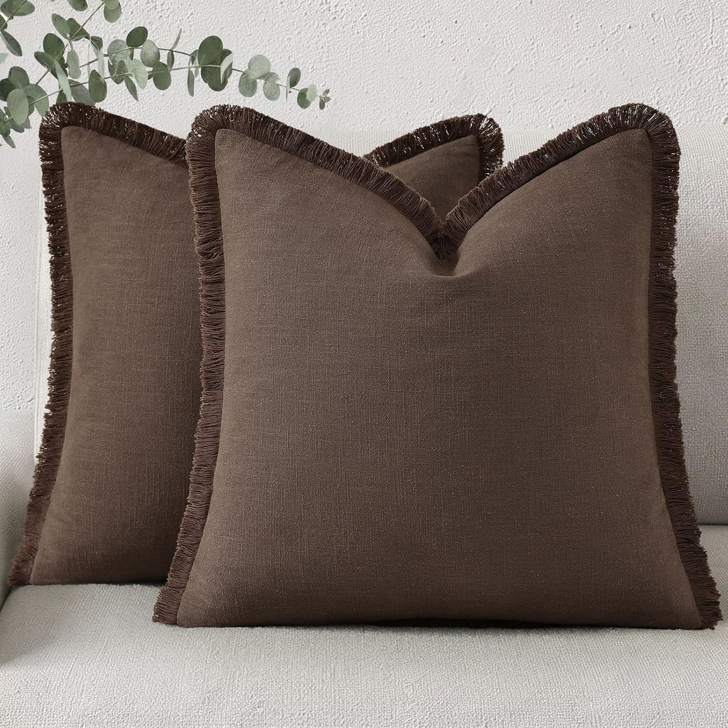 decorUhome Summer Decorative Neutral Linen Fringe Throw Pillow Covers Set of 2 Chocolate Pillow Covers with Tassels Soft Farmhouse Boho Acc…