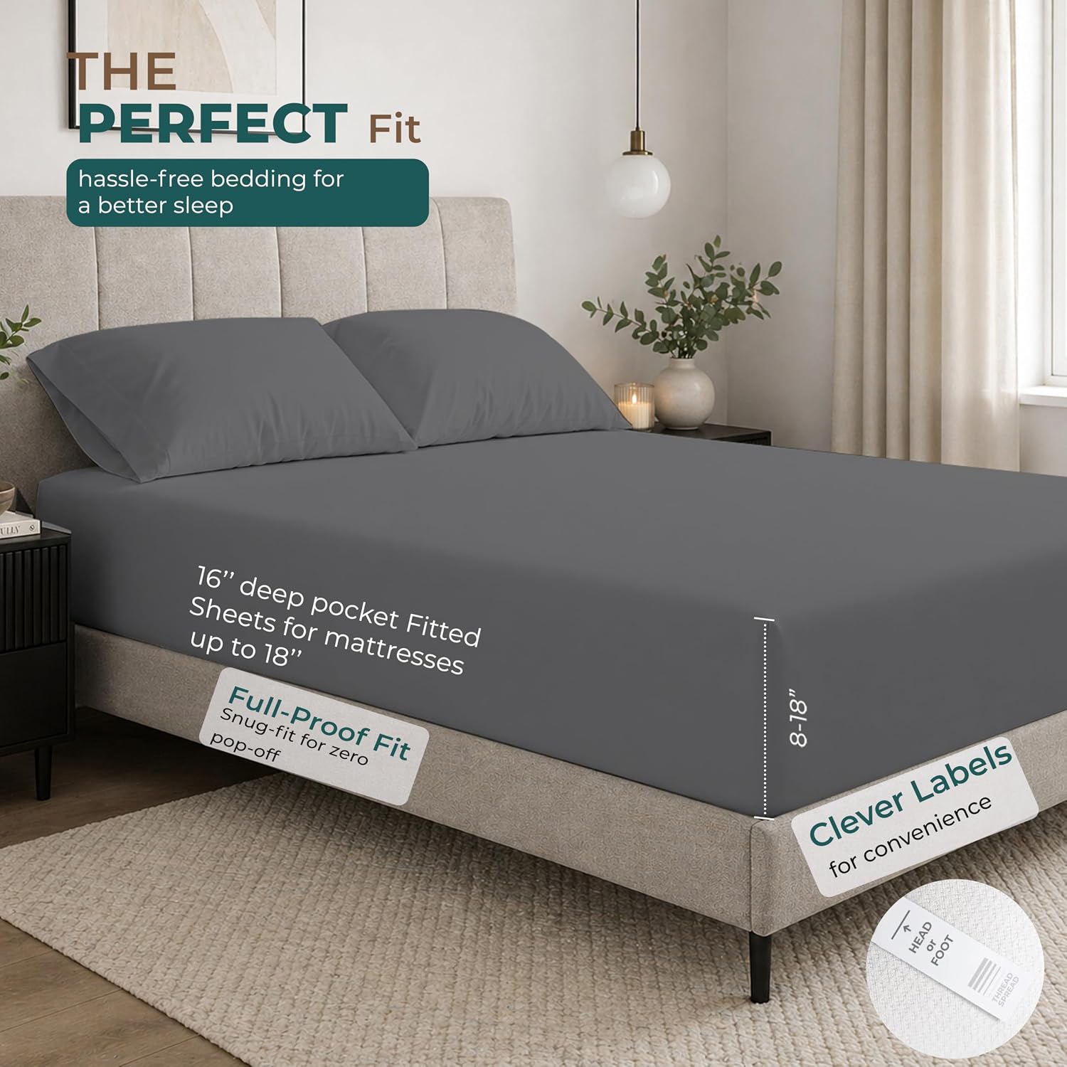 THREAD SPREAD Egyptian Cotton Sheets Twin Size – 300 Series 16" Deep Pocket 100% Cotton Sheets Twin Size (4 PC, White), Soft & Durable…
