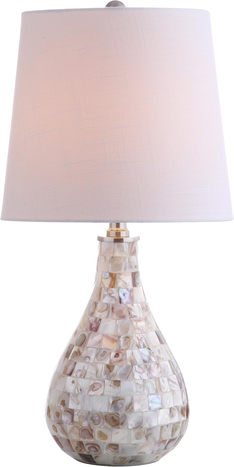 JONATHAN Y 20.5" Seashell Coastal Mini LED Table Lamp for Living Room Office, White Linen Drum Shade, Modern Mother of Pearl Bedside…