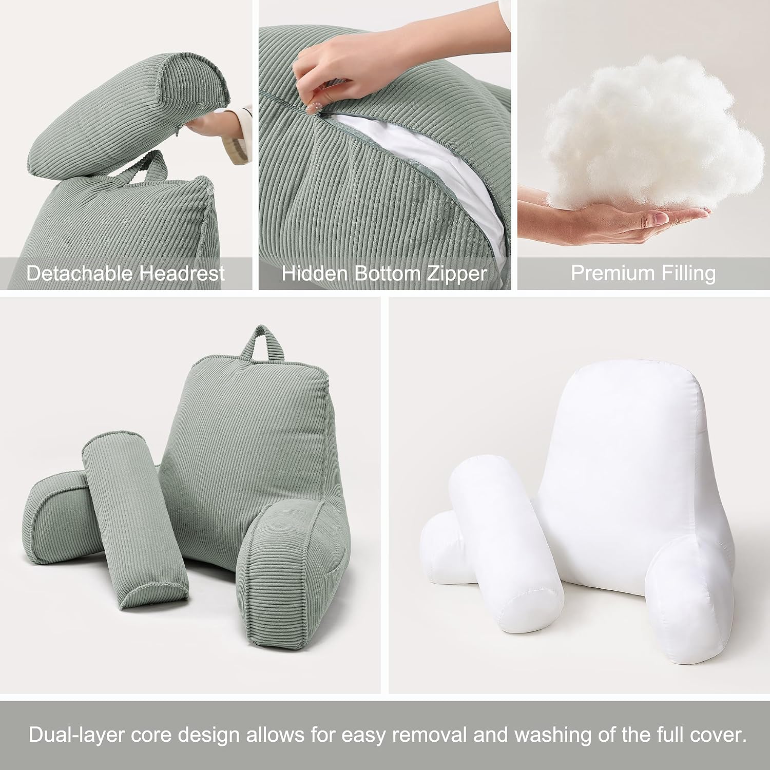 Ailuteie Corduroy Reading Pillow for Sitting Up, Bed Rest Pillow with Arms, Detachable Headrest, Side Pockets & Washable Cover, Back Suppor…