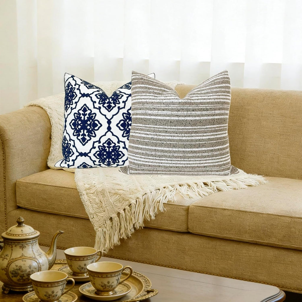 Slow Cow Boho Chenille Textured Woven Stripe Throw Pillow Covers 18x18 Decorative Cushion Cover Striped Square Pillow Cover Pillow Case