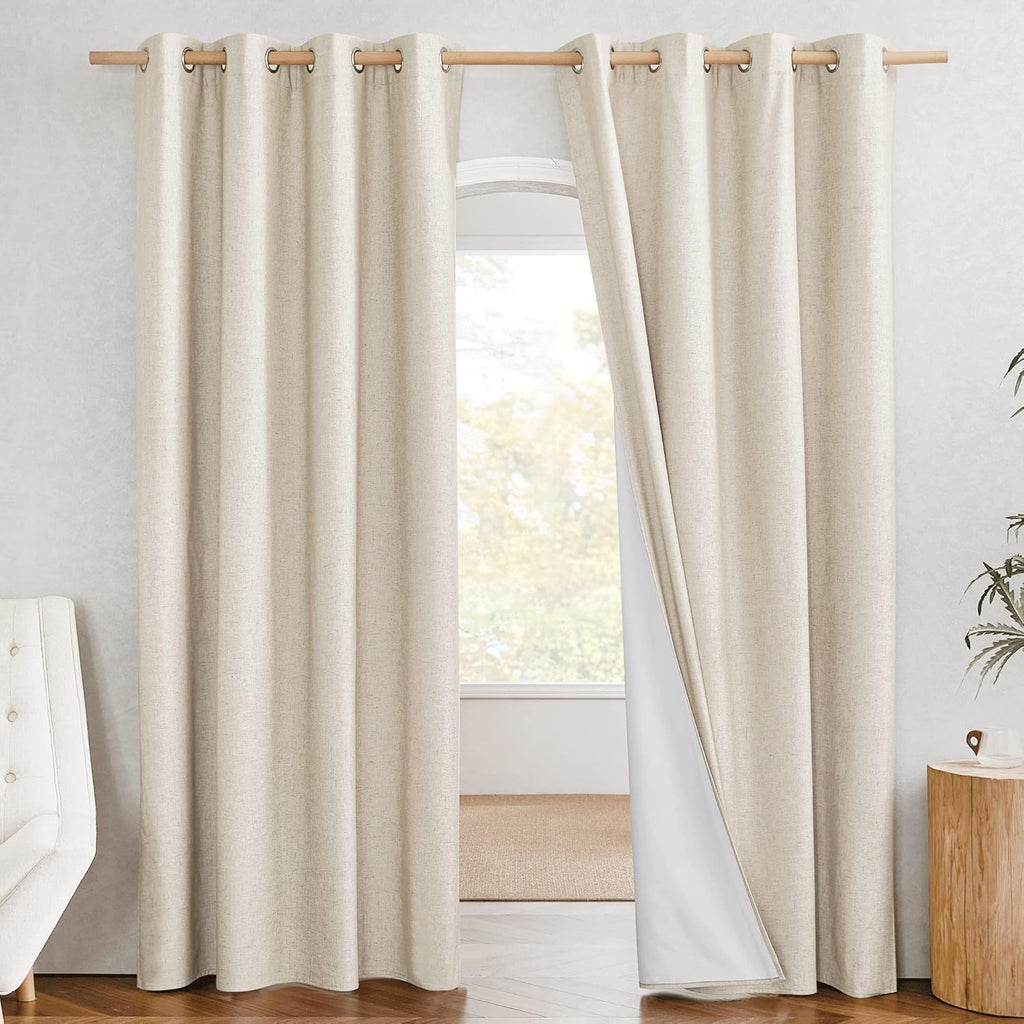NICETOWN 100% Absolutely Blackout Linen Curtains with Thermal Insulated White Liner, 52" W, 2 PCs, Beige, 90" Long Drapes Sweep The Floor…