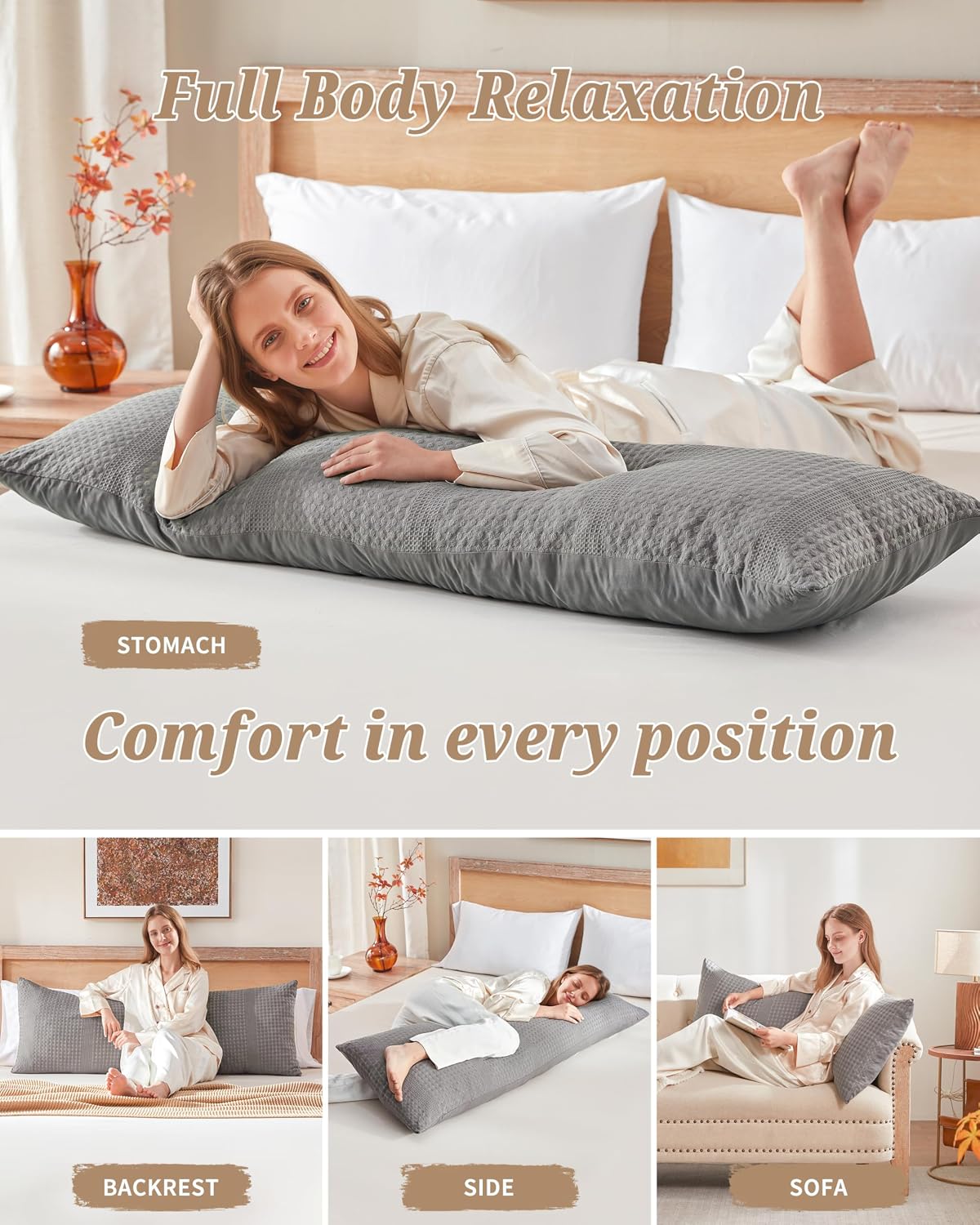 YZ HOME Waffle Weave Body Pillow for Adults - Memory Foam Body Pillow with Removable Pillowcase - Firm and Fluffy - Large Long Bed…