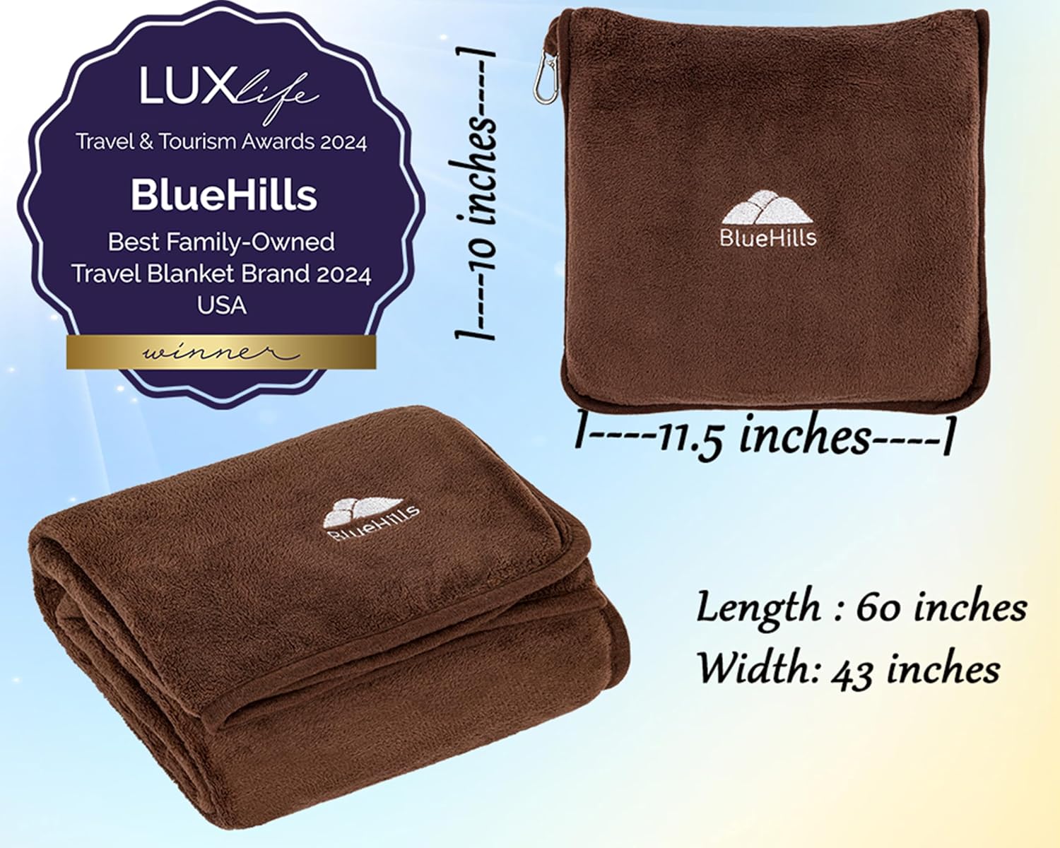 BlueHills Premium Soft Travel Blanket Pillow Airplane Blanket Soft Bag Pillow case with Hand Luggage Belt and Backpack Clip Compact Pack…