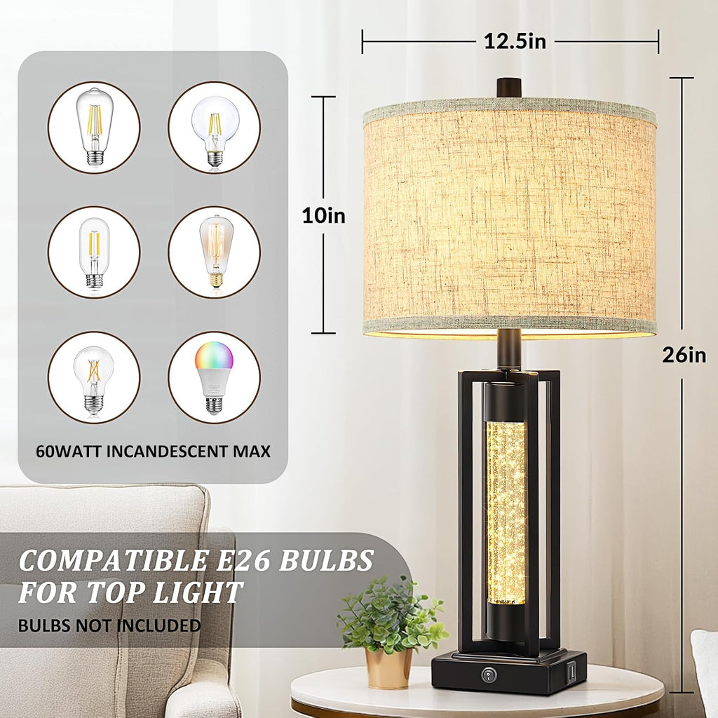Tobusa 26’’ Farmhouse Table Lamp for Living Room, Vintage Crystal Nightstand Lamp with 2 USB Ports, Rustic Bedside Lamp with Fabric Shade,…