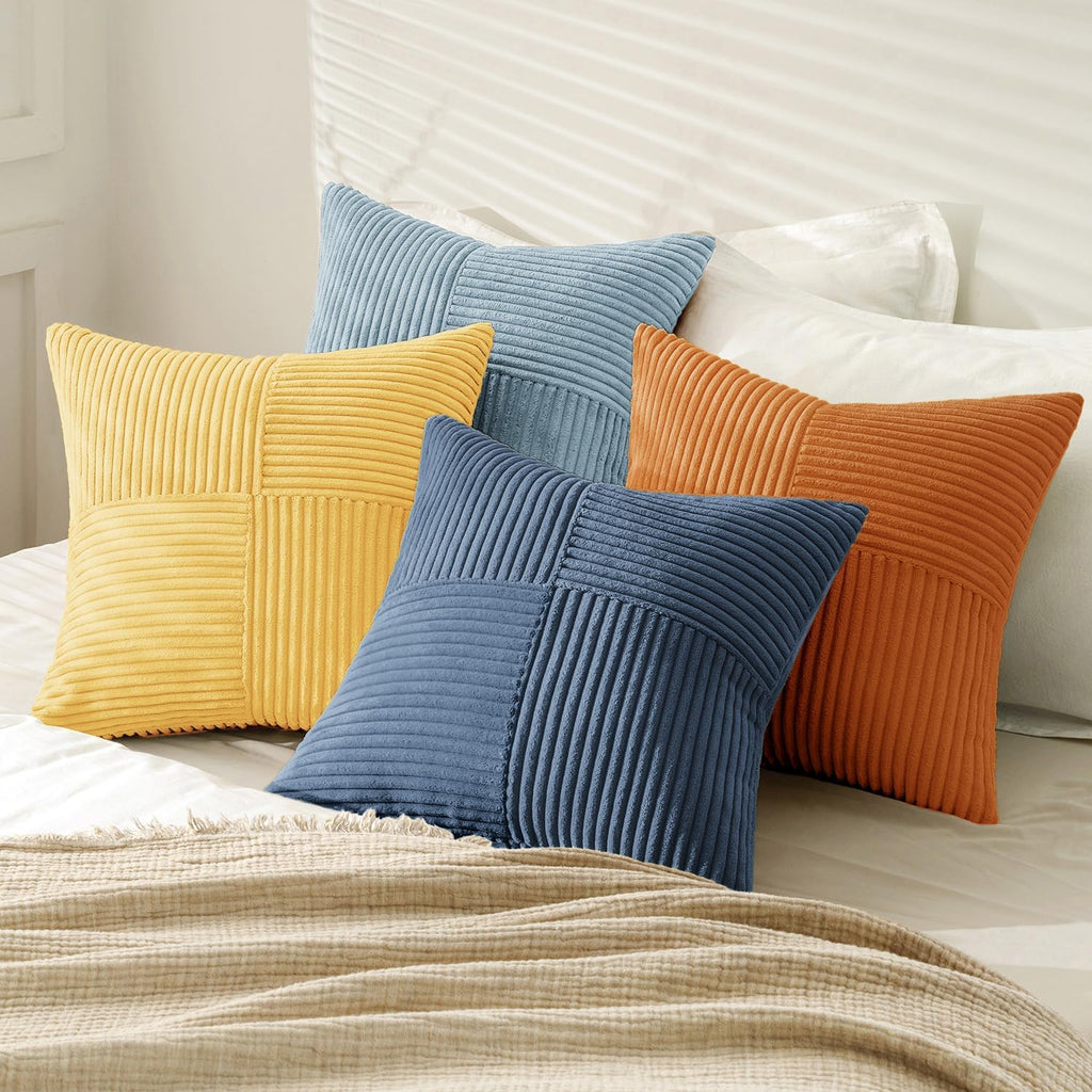 Miulee Summer Yellow Blue Decorative Throw Pillow Covers 18x18 Inch Set of 4 Soft Corduroy Boho Patchwork Pillow Covers Modern Farmhouse Br…