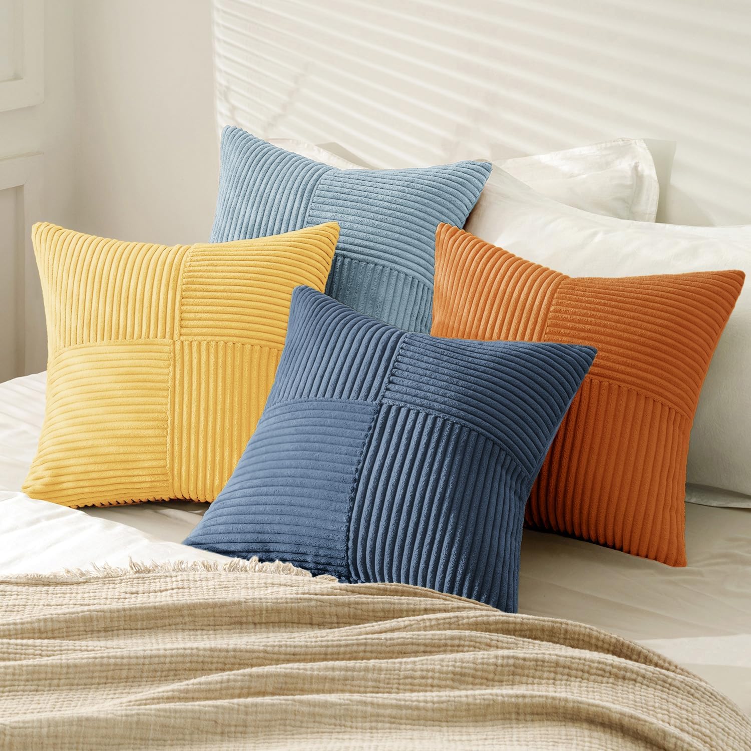 Miulee Summer Yellow Blue Decorative Throw Pillow Covers 18x18 Inch Set of 4 Soft Corduroy Boho Patchwork Pillow Covers Modern Farmhouse Br…