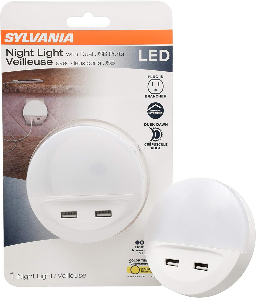 LEDVANCE Sylvania LED Night Light with Dual USB Ports, 22 Year, Dusk to Dawn, Frosted Finish, 3000K, Warm White - (Pack of 1)(65005)