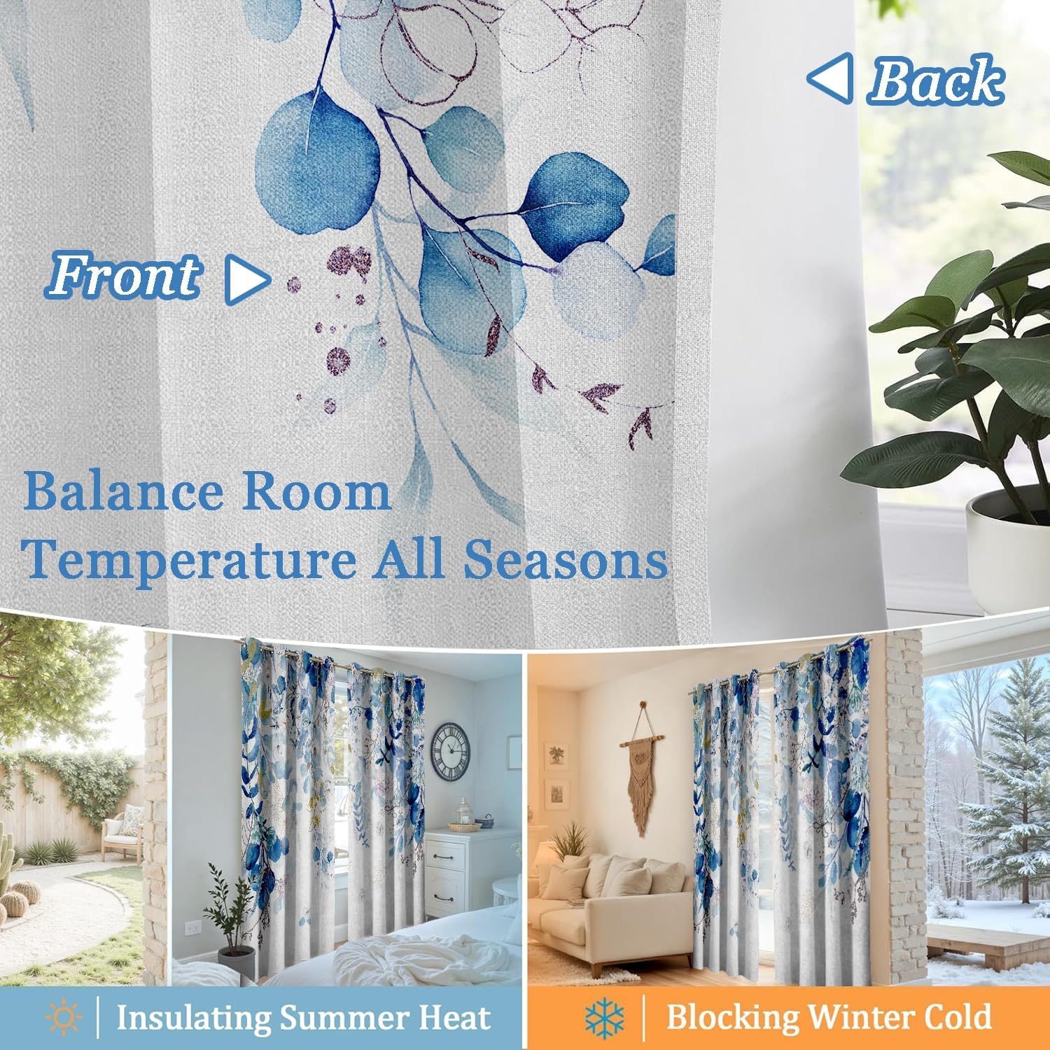 GOLDLAWN Blue and White Blackout Linen Textured Curtains for Bedroom Blue Floral Summer Thermal Insulated Grommet Room Darkening Cur…