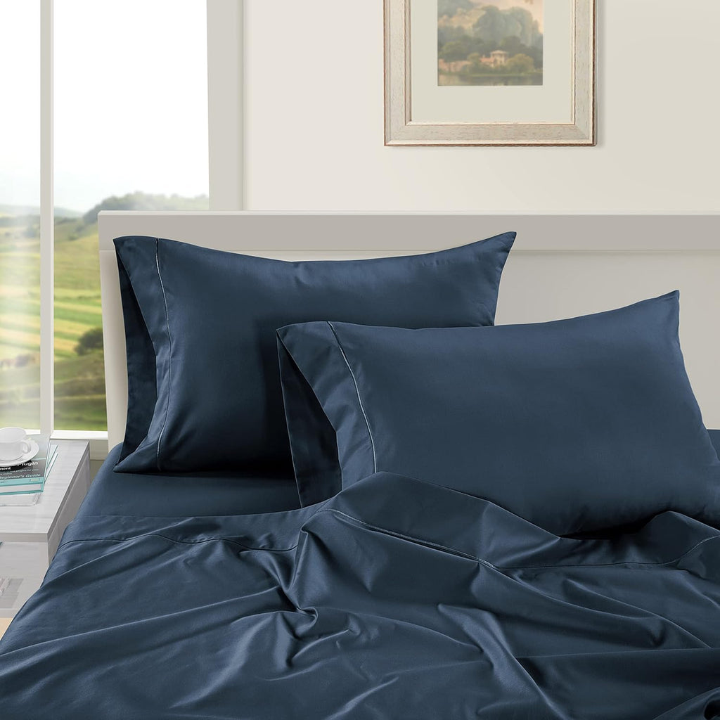 LaneLinen LANE LINEN Pillows Standard Size Set of 2 Soft 100% Egyptian Cotton Sateen Cool & Smooth Pillowcases Queen - Denim Cotton
