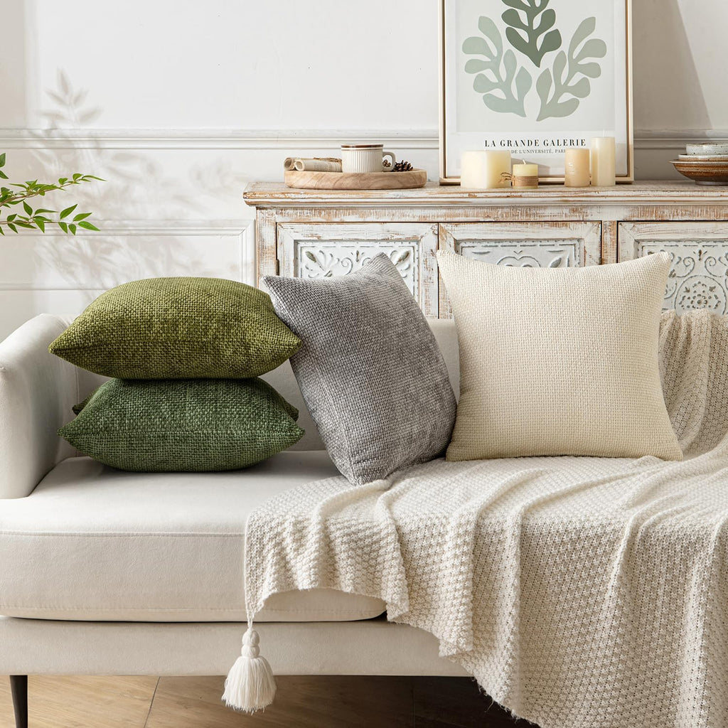 Miulee Pack of 2 Couch Throw Pillow Covers 18x18 Inch Neutral Cream Modern Boho Accent Decorative Pillow Covers Soft Chenille Farmhouse Cus…