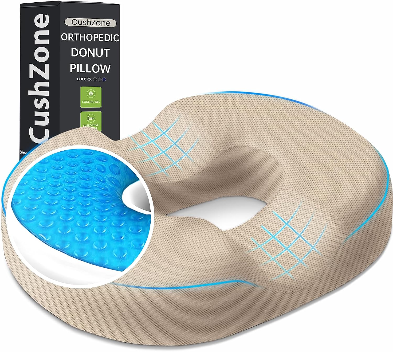 CushZone Donut Pillow Seat Cushion - Cooling Gel Donut Chair Cushions, Memory Foam Seat Cushion for Office & Home, Car Seat Cushion and But…