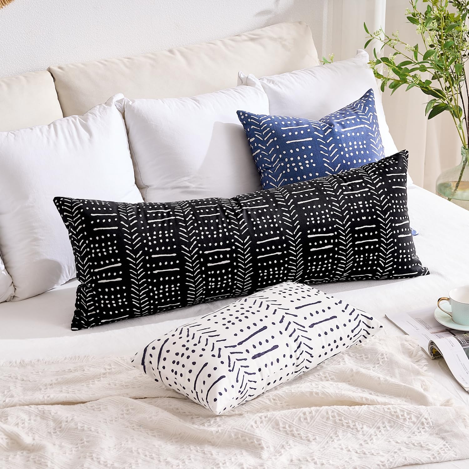 BONSTRAP Decorative Throw Pillow Covers White Farmhouse Lumbar Cushion Covers Boho Rectangular 12X20 Stripe Pattern Accent Pillowcas…