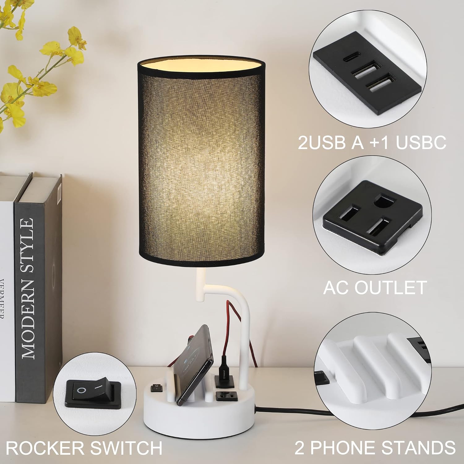 Dreamholder Table Lamp with 3 USB Charging Ports, Modern Desk Lamp with AC Outlet and Phone Stands, Perfect Bedside Lamp for Bedroom…