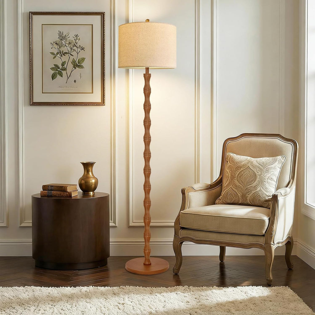 QIYIZM Wood Floor Lamp for Living Room, Bedroom, Vintage Standing Lamp with Remote Dimmable, Farmhouse Mid Century Tall Lamp Rustic…