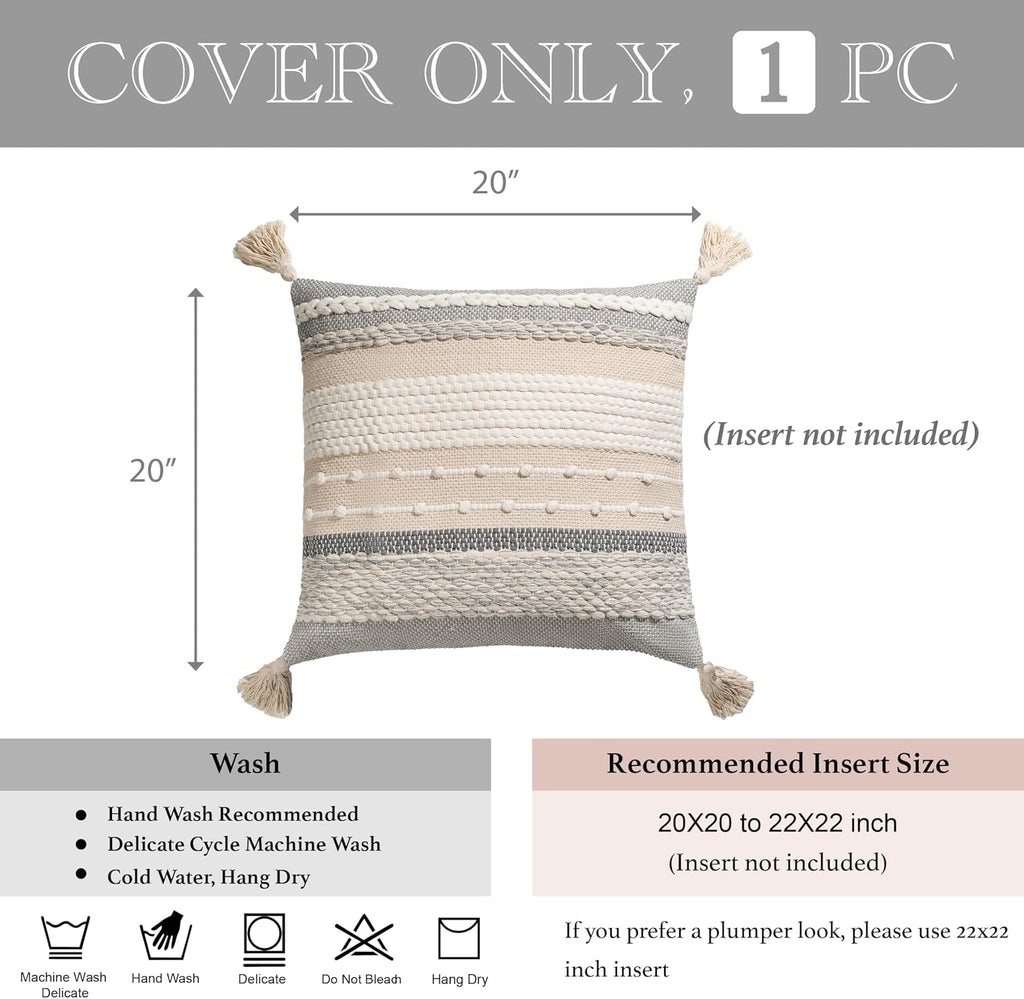 BlissBlush Gray Boho Throw Pillow Cover 20x20 Grey Decorative Accent Pillow for Couch Square Woven Textured Pillowcase Modern Farmhouse…