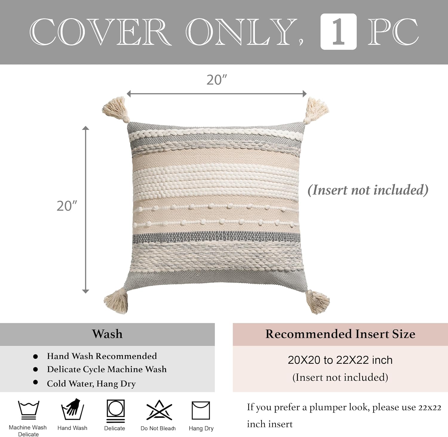 BlissBlush Gray Boho Throw Pillow Cover 20x20 Grey Decorative Accent Pillow for Couch Square Woven Textured Pillowcase Modern Farmhouse…
