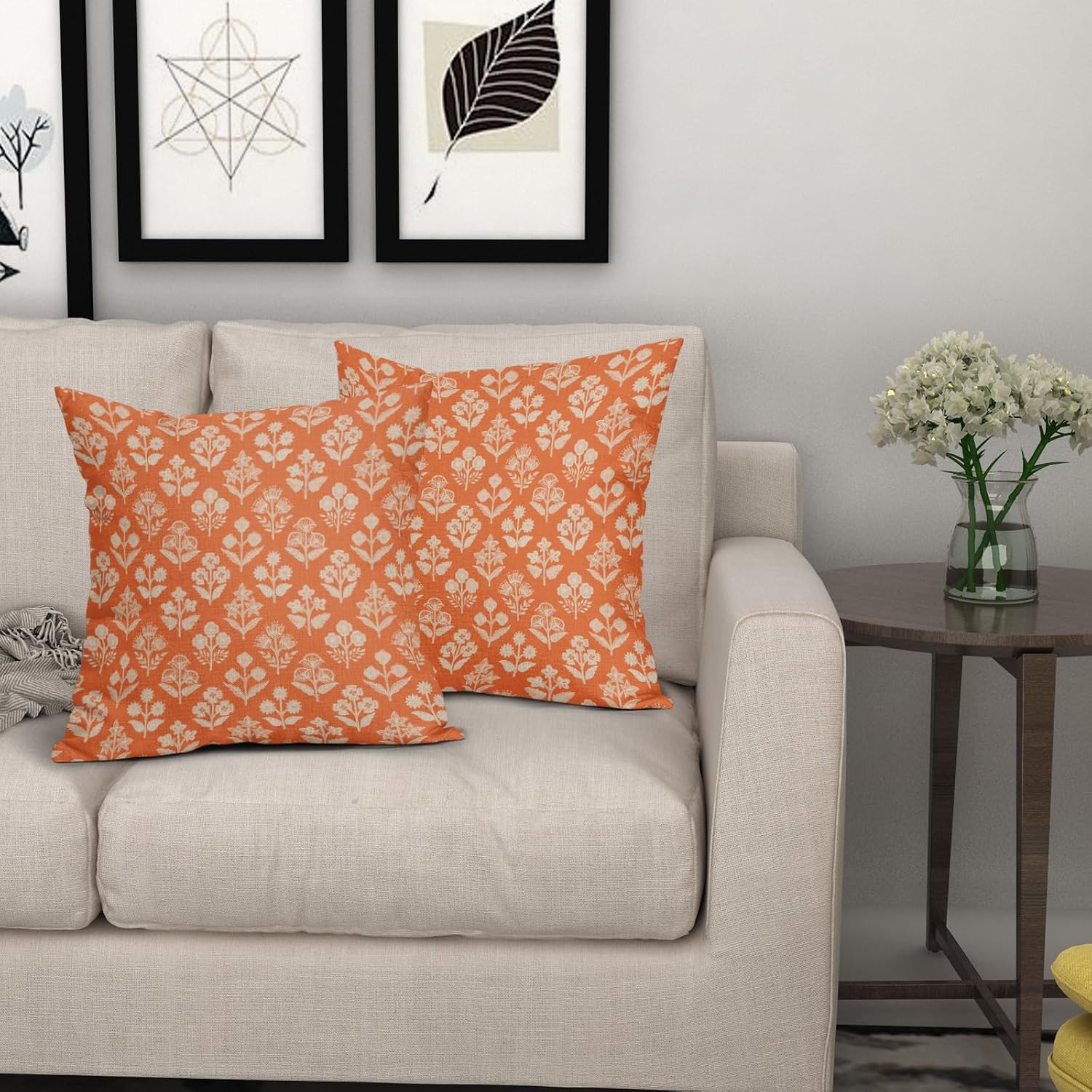 Orange Floral Block Print Pillow Covers 20x20 Inch Set of 2, Vintage Flower Pattern Decorative Throw Pillowcases Outdoor Farmhouse…