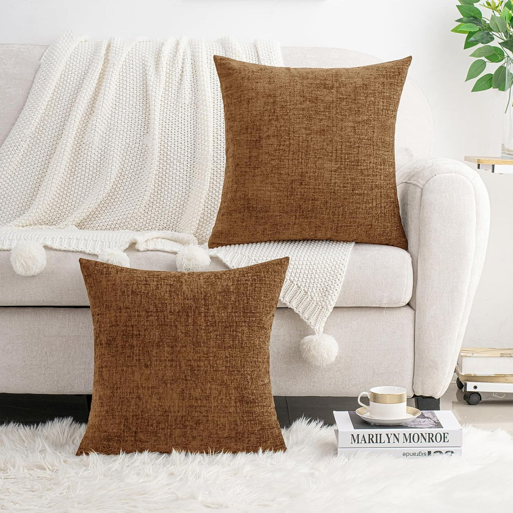 Hwy50 HWY 50 Brown Couch Pillow Covers 18x18 Inch Pack of 2, Soft Chenille Decorative Throw Pillow Cases Farmhouse for Sofa Living Room Bed…