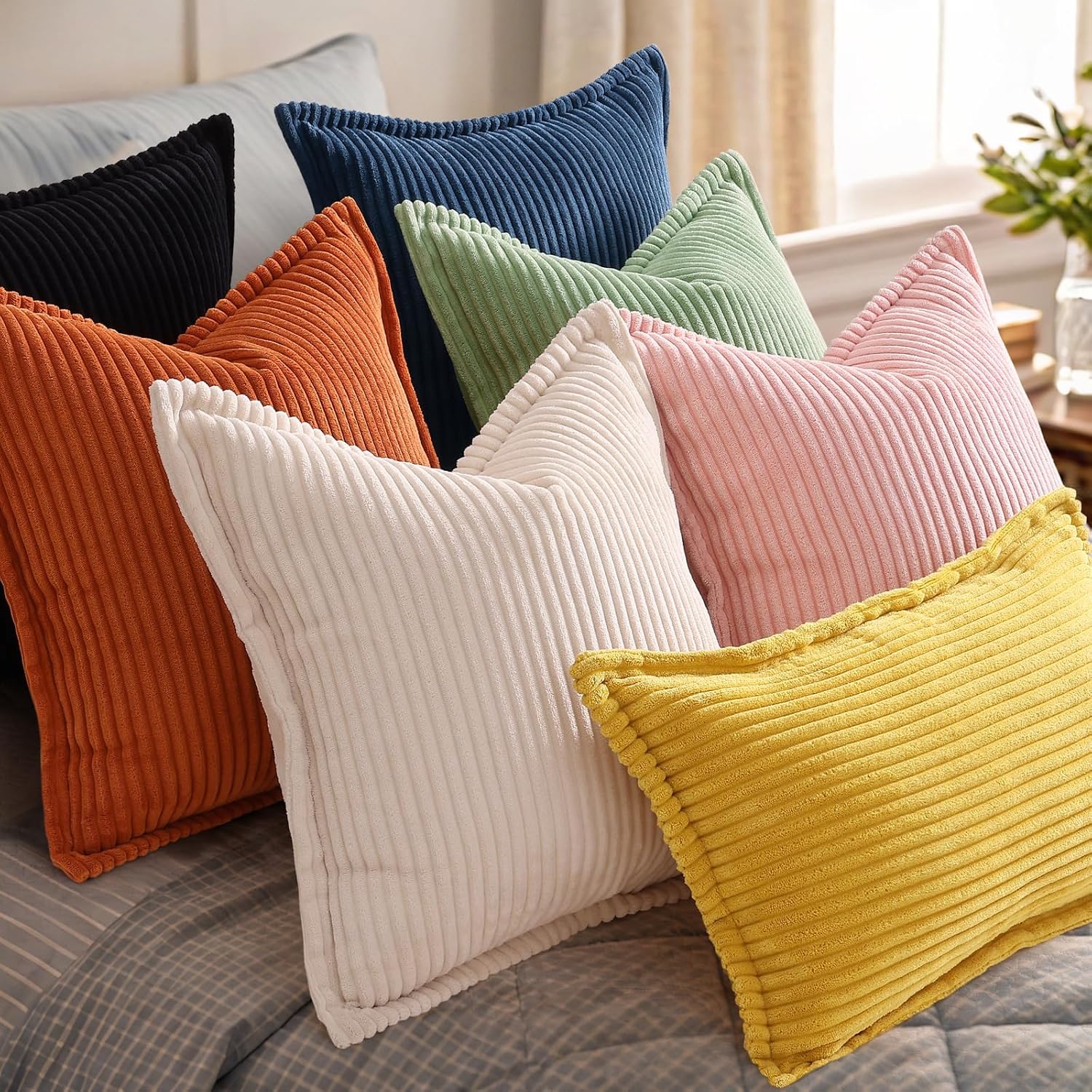 decorUhome Summer Corduroy Black Euro Sham Throw Pillow Covers 26x26 Set of 2 Decorative Soft Boho Farmhouse Couch Pillow Covers for Living…