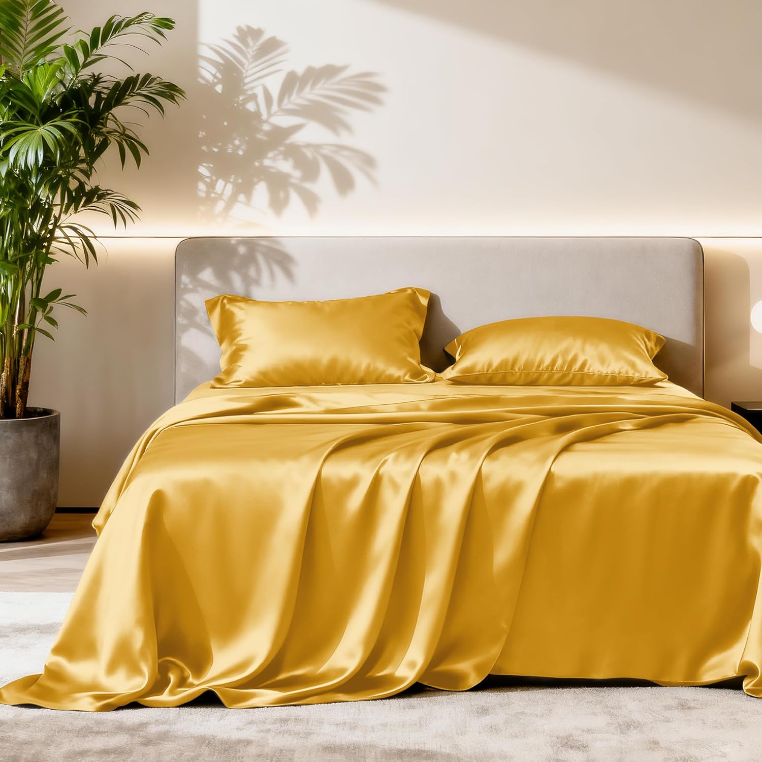 Lovescabin Love's cabin 4Piece California King Satin Bed Linen Set, Gold Silky Satin Sheets, Deep Pocket, Luxury Silk Feel, 1 Flat, 1 Fitte…