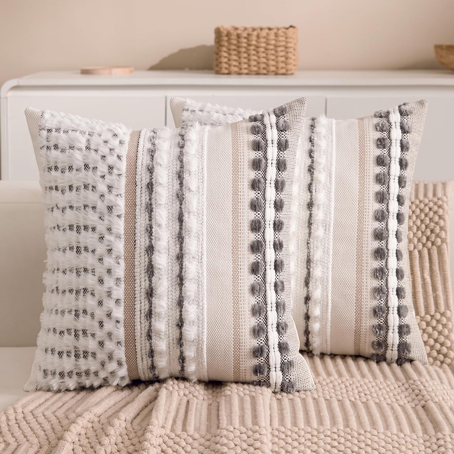 Boho Chenille Tufted Couch Throw Pillow Covers 18x18 Inch Set of 2 Farmhouse Striped Decorative Pillow Covers Accent Neutral Square…