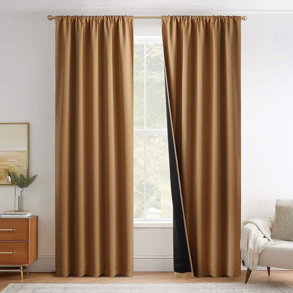 Nicetown Gold Brown 100% Blackout Curtains for Living Room, 52 x 84 Inch 2 Panels Black Lined Insulated Window Treatment, Rod Pocket Style,…
