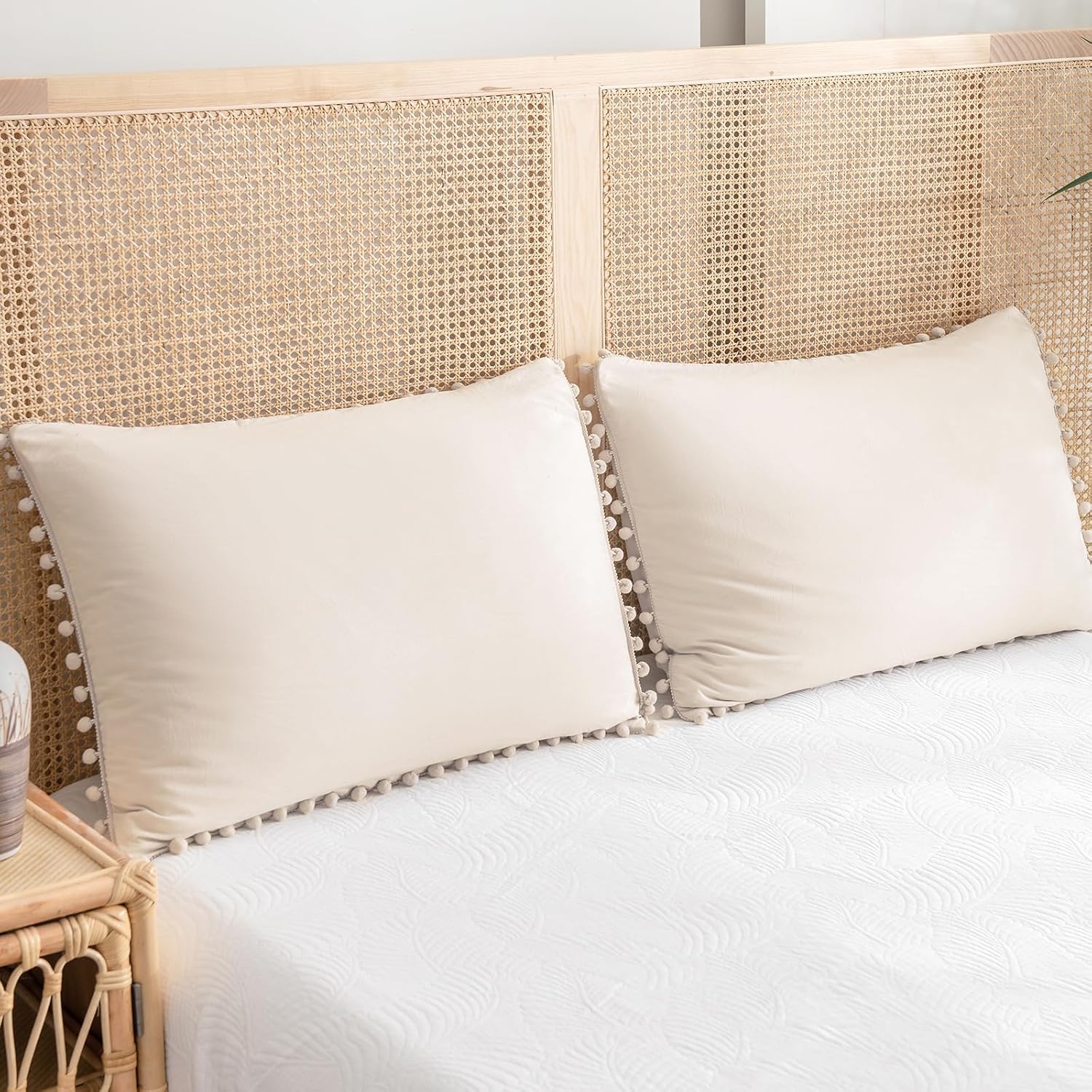 Moveover Move Over Beige Pillowcases King Size Pom Pom Pillowcases Cream Pillow Cases Set of 2 Soft Washed Microfiber Boho Pillow Covers Cu…
