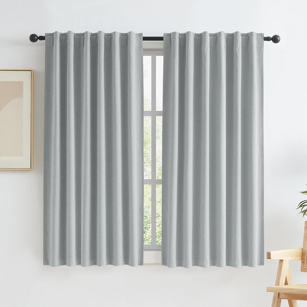 Keqiaosuocai Linen Blackout Curtains 63 Inches Long, Back Tab Rod Pocket Hook Belt Boho Farmhouse Heat and Full Light Blocking Curtain Pane…