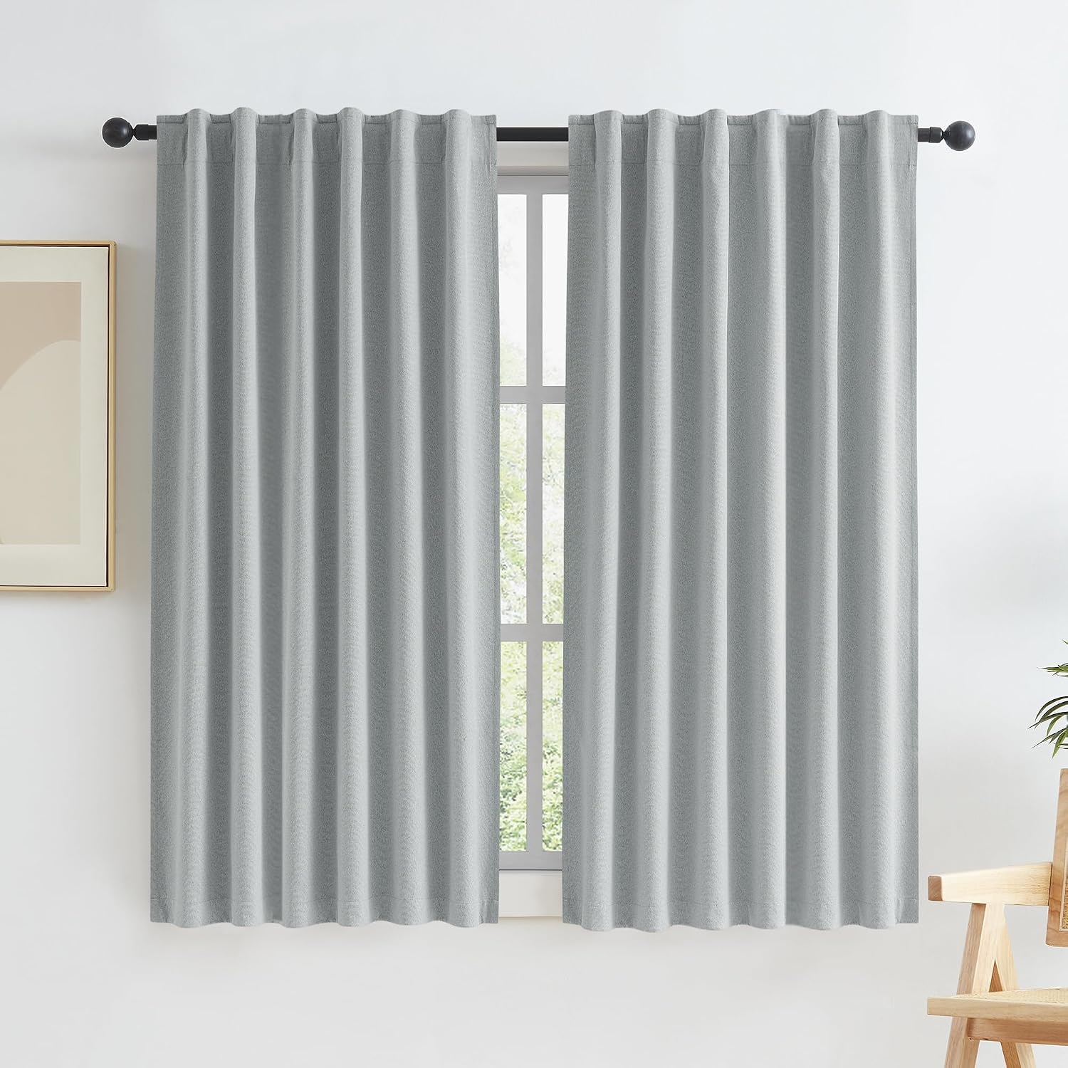 Keqiaosuocai Linen Blackout Curtains 63 Inches Long, Back Tab Rod Pocket Hook Belt Boho Farmhouse Heat and Full Light Blocking Curtain Pane…