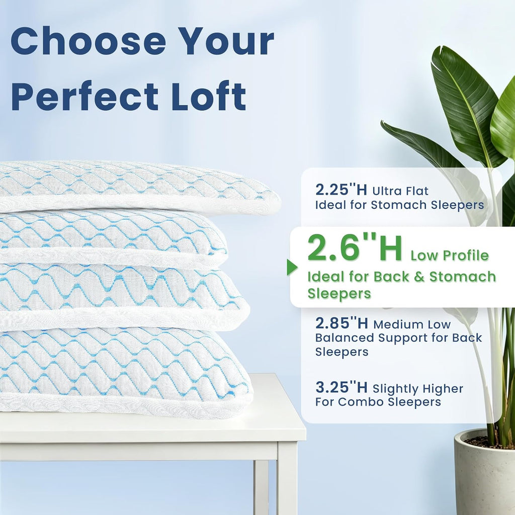 2.6" Ultra Thin Memory Foam Pillow with Cool-to-Touch Cover, Low Profile Flat Bed Pillow for Back & Stomach Sleepers, Standard Size