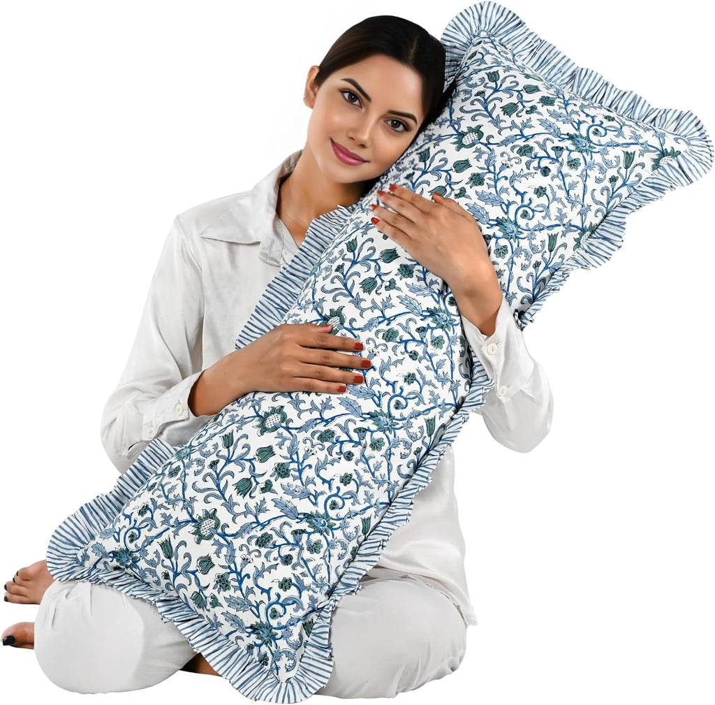 Cottonprintclub CPC Hand Block Print Ocean Vine Ruffle Sham Pillow Cover 36" x 14" inch Hidden Zipper Decorative Pillowcase for Couch, Bed,…