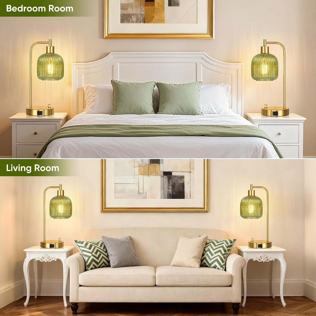 QiMH Industrial Table Lamp for Bedroom Set of 2, Green Glass Beside Lamp with USB A&C Ports, Stepless Dimmable Gold Lamps, Nightstand…