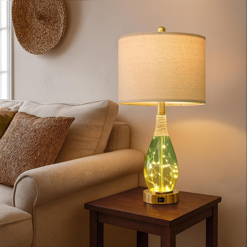 OYEARS 23" Table Lamps Set of 2, Farmhouse Lamps with Glass Nightlight, Bedside Lamps for Living Room, Rattan Lamps for Bedroom…